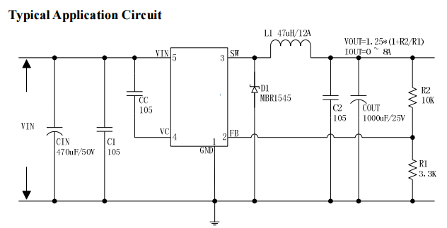 CXSD61059B 180 KHz fixed frequency PWM buck (step-down) DC/DC converter  8A load with high efficiency low ripple and excellent line and load regulation