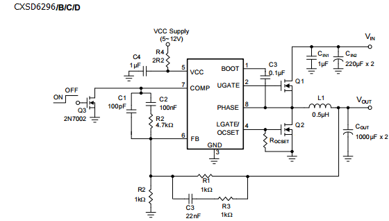 CXSD6296 CXSD6296A CXSD6296B CXSD6296C CXSD6296D宽输入电压单个5~12V或两个电源电压上电复位（POR）电路监测VCC电源电压内置的软启动电路可防止输出电压过冲