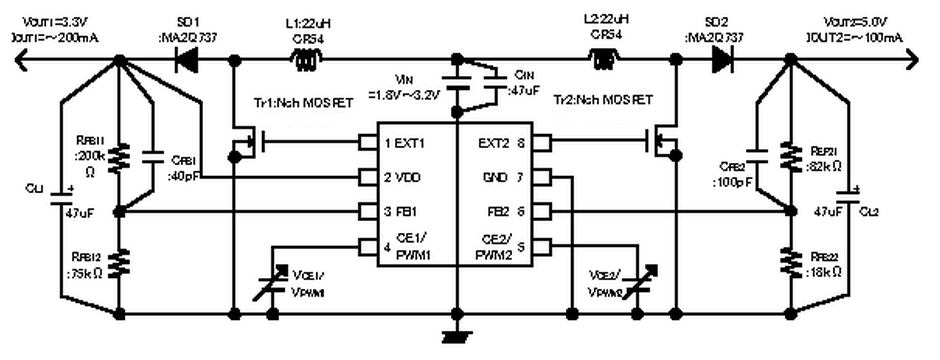 PWM/PFM自动切换控制双通道升压DC/DC控制器CXSB6604两个通道输出电压1.5V～30.0V的范围内自由设定开关频率高达180kHz