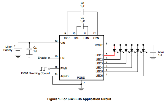 CXLE8184 supports up to 6 white LEDs and regulates a constant current which the initial value can be set by an internal resistor. The part implements PWM dimming to adjust the brightness of LED. User